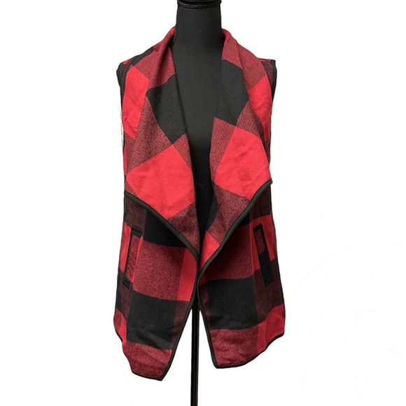 Flannel Vest Red & Black Buffalo Plaid Draping Open Front with Pockets - Picture 2 of 9